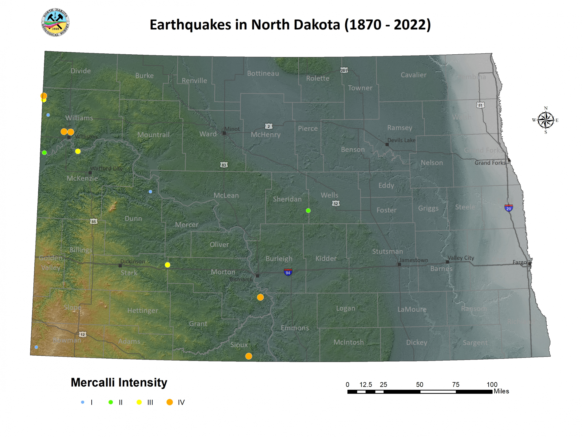 A shaded relief map of North Dakota with dots depicting previous earthquakes.