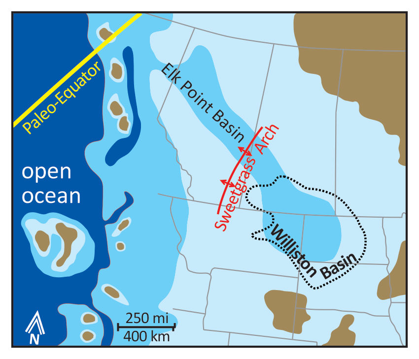 Map centered on the NW United States showing the Williston Basin's connection to the open ocean.