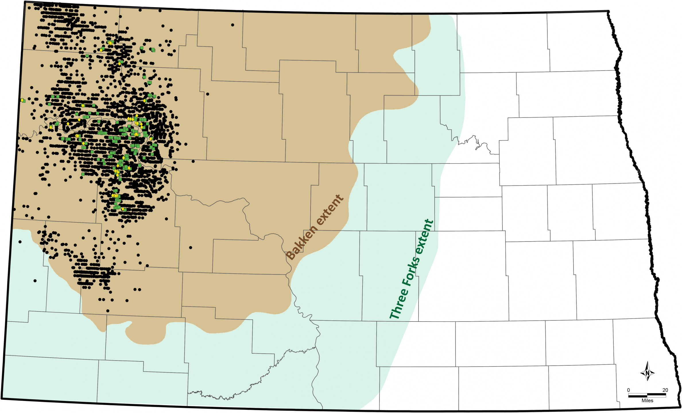 map of ND depicting the Bakken and Three Forks formations